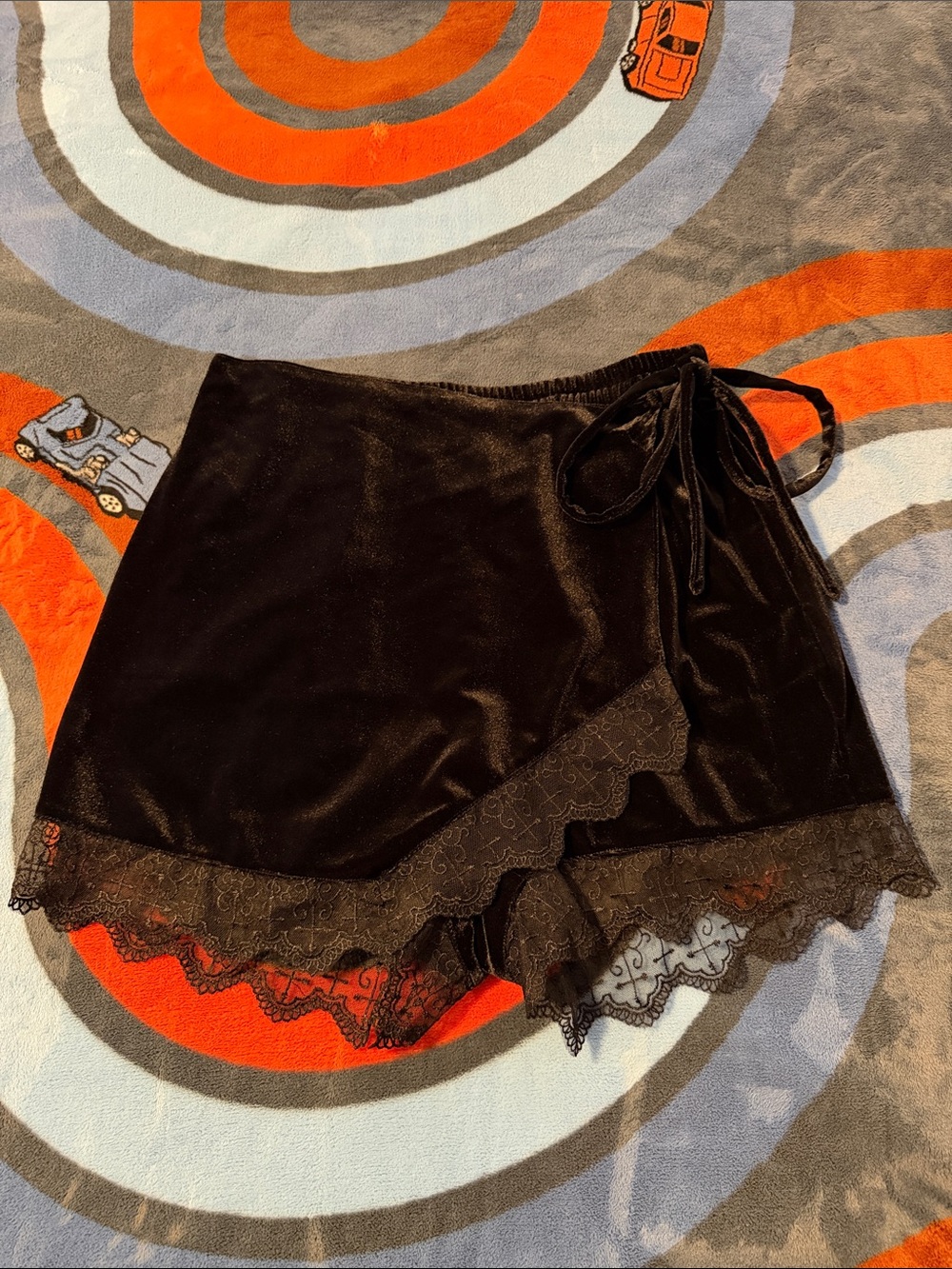 Disturbia Black Velvet Lace-Trim Wrap Shorts